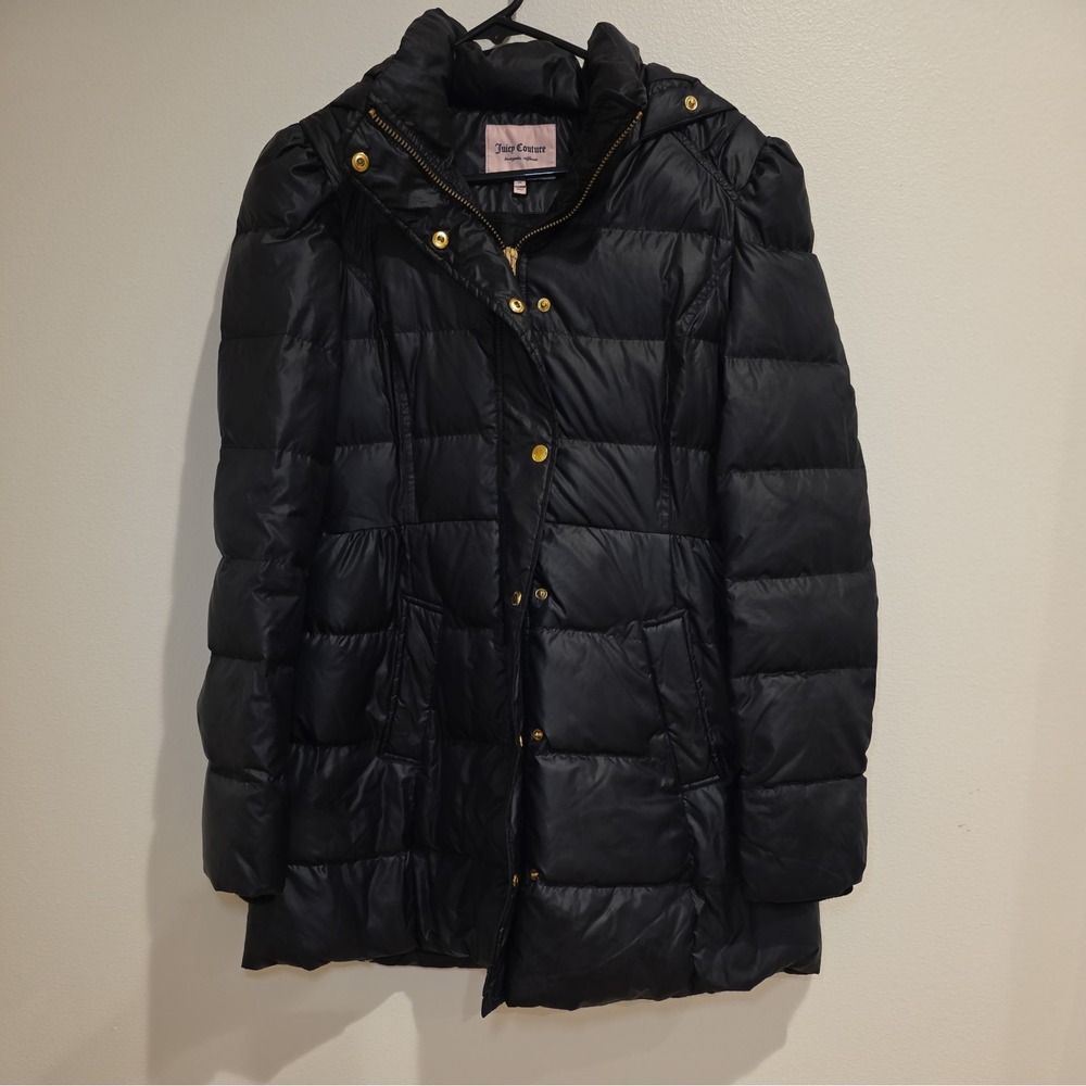 Juicy Couture Black Puffer Down Jacket Size M Hood